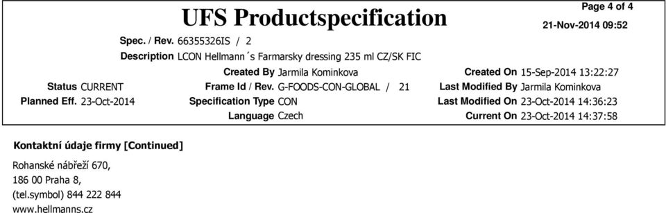 Eff 23-Oct-2014 Specification Type CON Kontaktní údaje firmy
