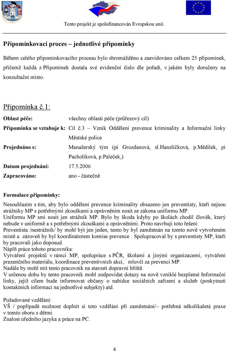 3 Vznik Oddělení prevence kriminality a Informační linky Městské police Manažerský tým (pí Grozdanová, sl.hanzlíčková, p.mědílek, pí Pacholíková, p.paleček,) Datum projednání: 17.5.