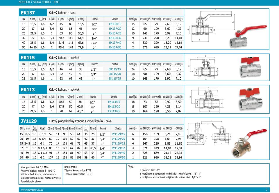 67,6 6/4 EK137/40 4 330 399 13,20 15,84 50 44,50 1,6 2 95,6 148 74,9 2 EK137/50 2 578 699 23,12 27,74 EK115 Kulový kohout - motýlek C DN d [mm] [MPa] A [cal] B [mm] C [mm] D [mm] Rozměr Zkratka