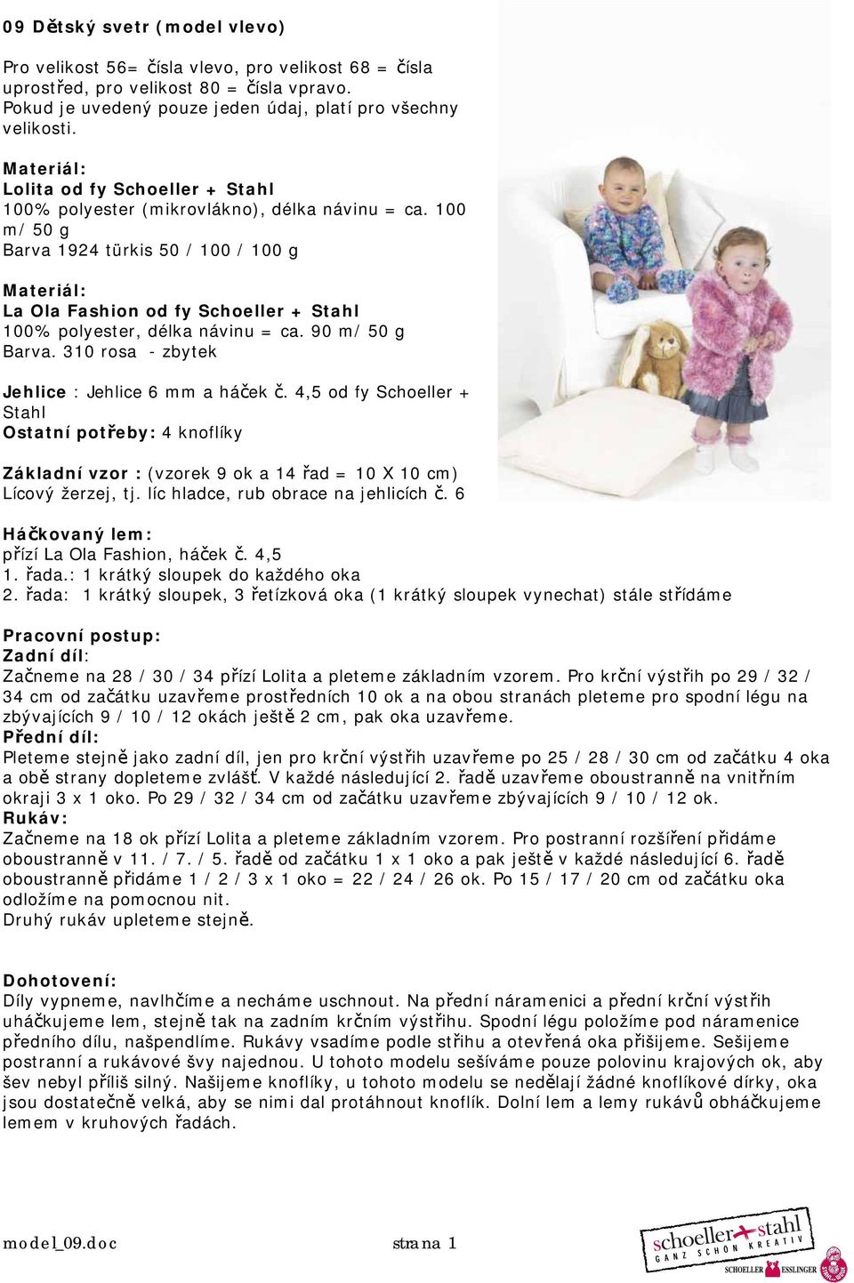 90 m/ 50 g Barva. 310 rosa - zbytek Jehlice : Jehlice 6 mm a háček č. 4,5 od fy Schoeller + Stahl Ostatní potřeby: 4 knoflíky Základní vzor : (vzorek 9 ok a 14 řad = 10 X 10 cm) Lícový žerzej, tj.