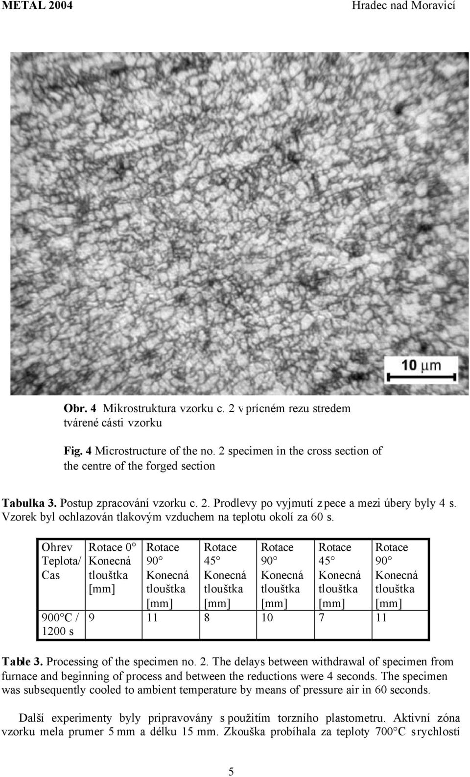 The delays between withdrawal of specimen from furnace and beginning of process and between the reductions were 4 seconds.