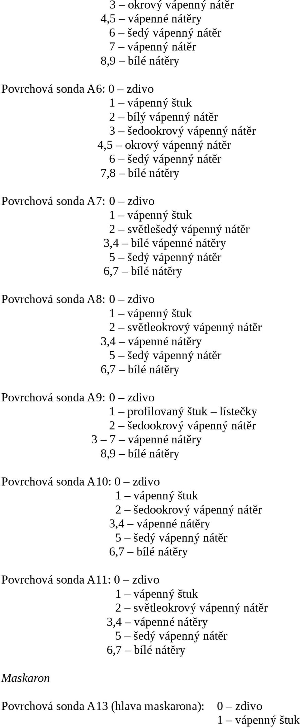 vápenný nátěr 3,4 vápenné nátěry 5 šedý vápenný nátěr 6,7 bílé nátěry Povrchová sonda A9: 0 zdivo 1 profilovaný štuk lístečky 2 šedookrový vápenný nátěr 3 7 vápenné nátěry 8,9 bílé nátěry Povrchová