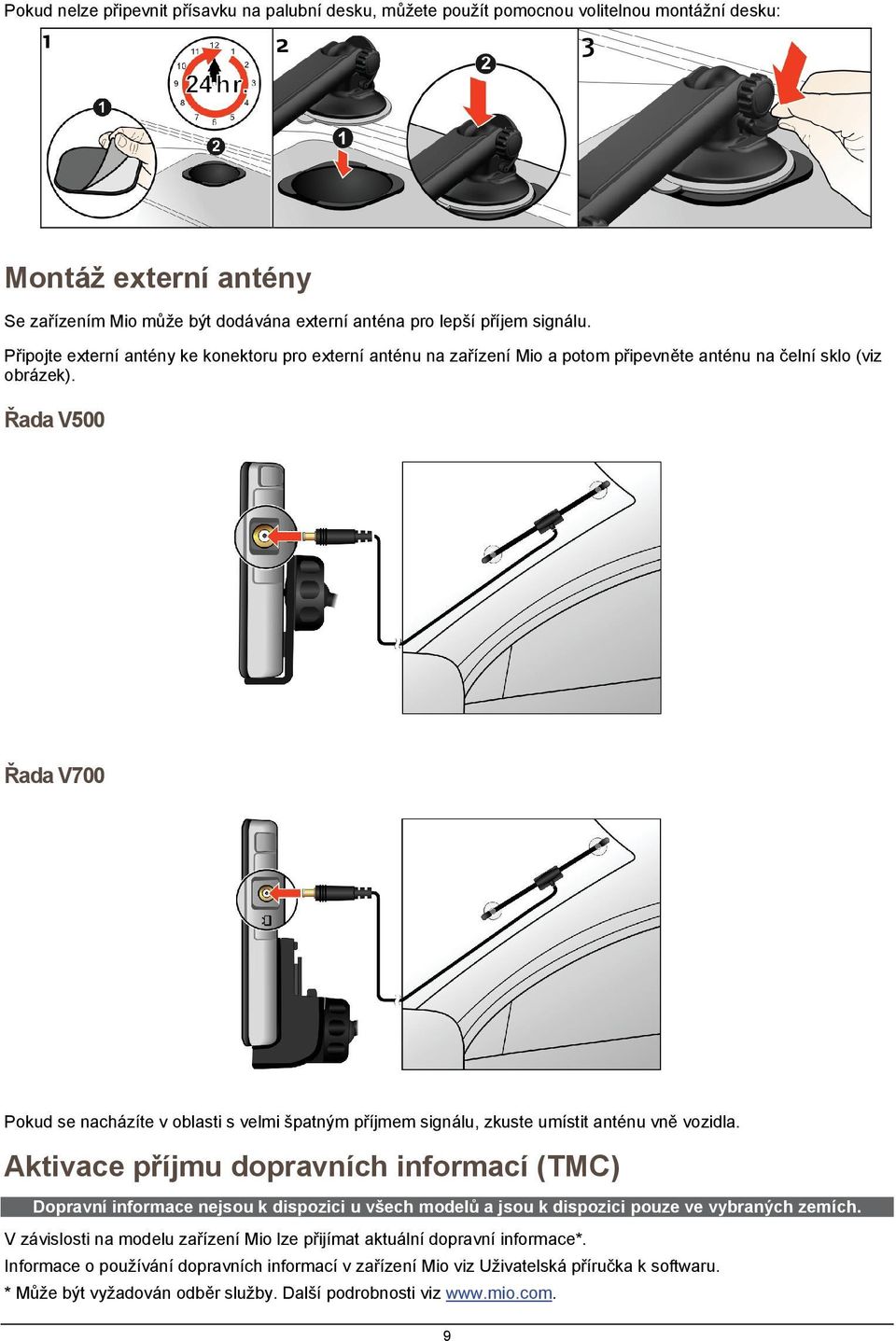 Řada V500 Řada V700 Pokud se nacházíte v oblasti s velmi špatným příjmem signálu, zkuste umístit anténu vně vozidla.