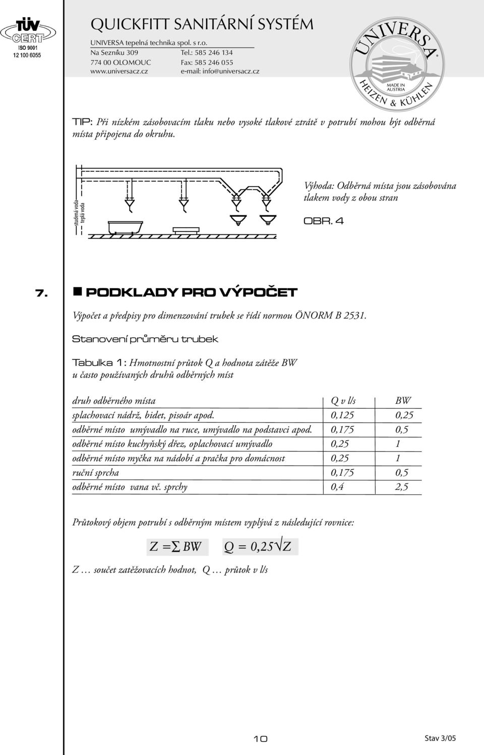 Stanovení průměru trubek Tabulka 1: Hmotnostní průtok Q a hodnota zátěže BW u často používaných druhů odběrných míst druh odběrného místa Q v l/s BW splachovací nádrž, bidet, pisoár apod.