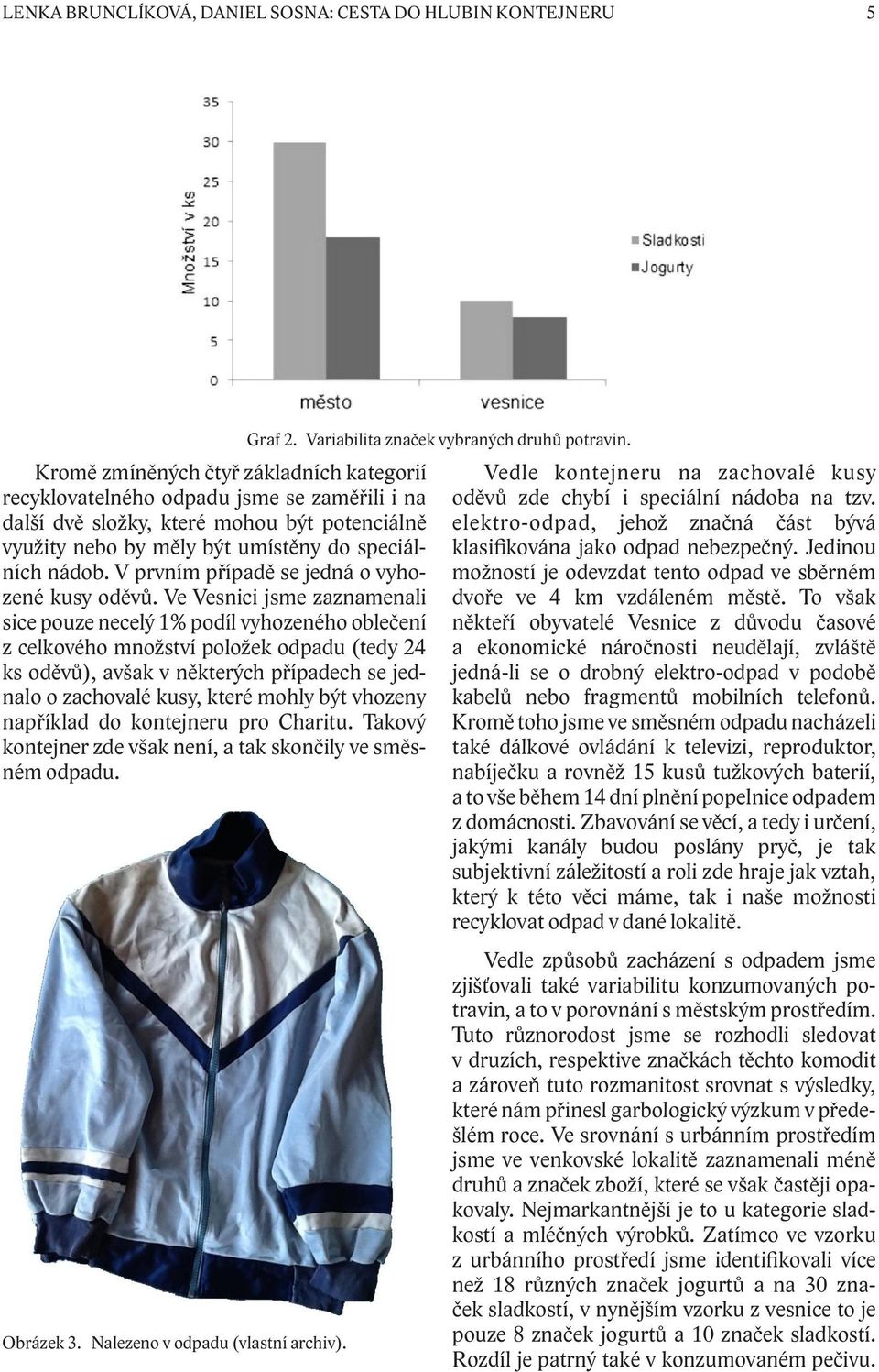 Ve Vesnici jsme zaznamenali sice pouze necelý 1% podíl vyhozeného oblečení z celkového množství položek odpadu (tedy 24 ks oděvů), avšak v některých případech se jednalo o zachovalé kusy, které mohly