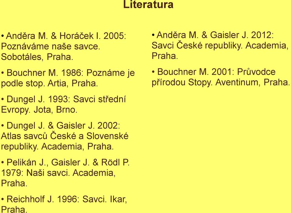 2002: Atlas savců České a Slovenské republiky. Academia, Praha. Pelikán J., Gaisler J. & Rödl P. 1979: Naši savci.