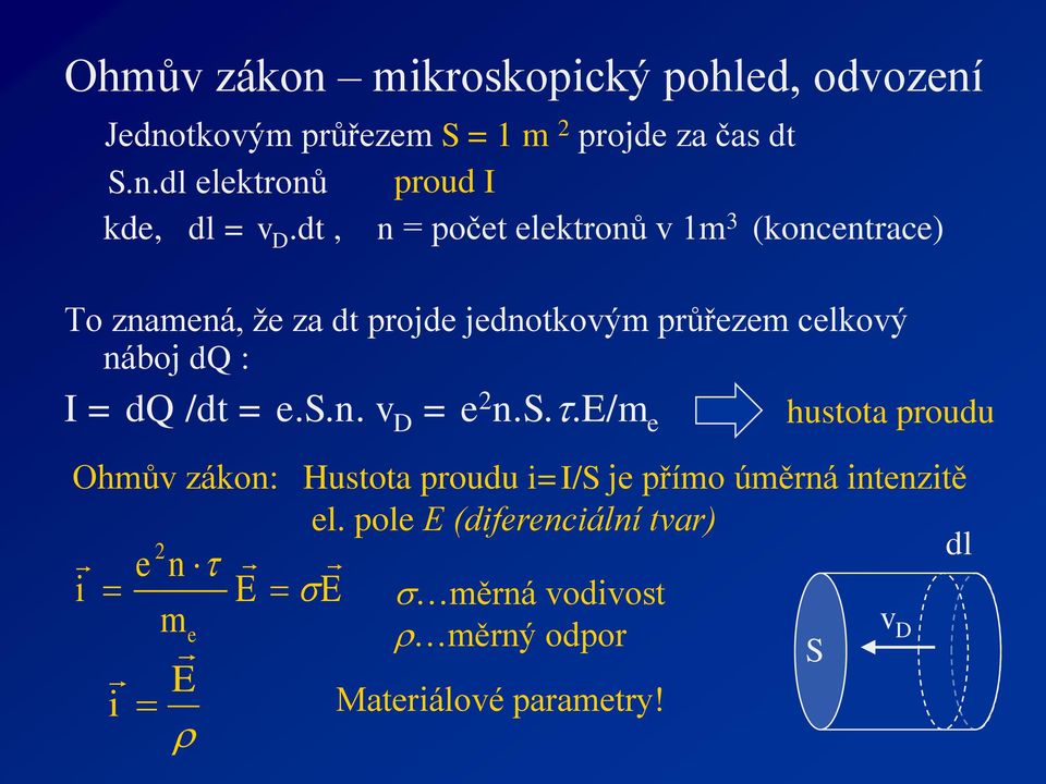 dq /dt = e.s.n. v D = e 2 n.s..e/m e hustota proudu Ohmův zákon: 2 e n i E me E i Hustota proudu i=i/s je přímo úměrná intenzitě el.