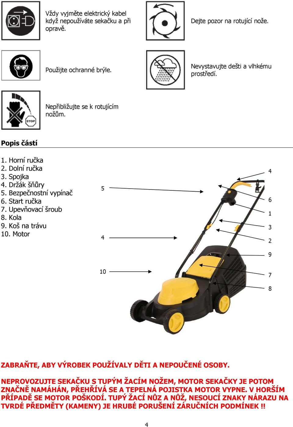 Koš na trávu 10. Motor 5 4 4 6 1 3 2 9 10 7 8 ZABRAŇTE, ABY VÝROBEK POUŽÍVALY DĚTI A NEPOUČENÉ OSOBY.