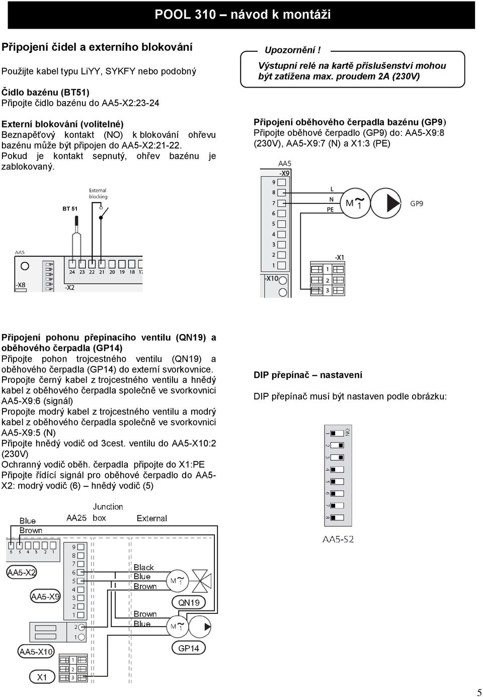 proudem 2A (230V) Připojení oběhového čerpadla bazénu (GP9) Připojte oběhové čerpadlo (GP9) do: AA5-X9:8 (230V), AA5-X9:7 (N) a X1:3 (PE) BT 51 Připojení pohonu přepínacího ventilu (QN19) a oběhového