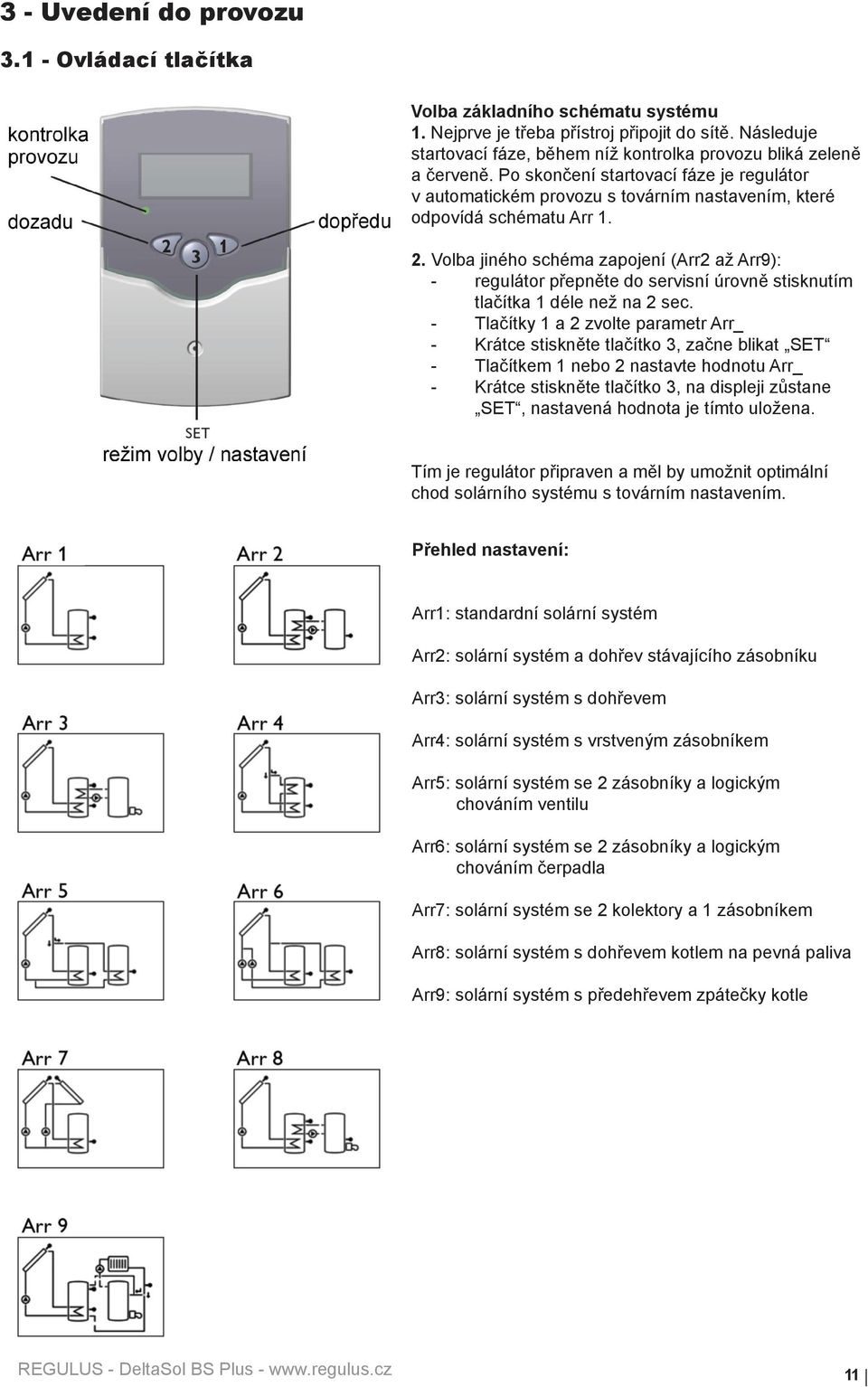 Volba jiného schéma zapojení (Arr2 až Arr9): - regulátor přepněte do servisní úrovně stisknutím tlačítka 1 déle než na 2 sec.