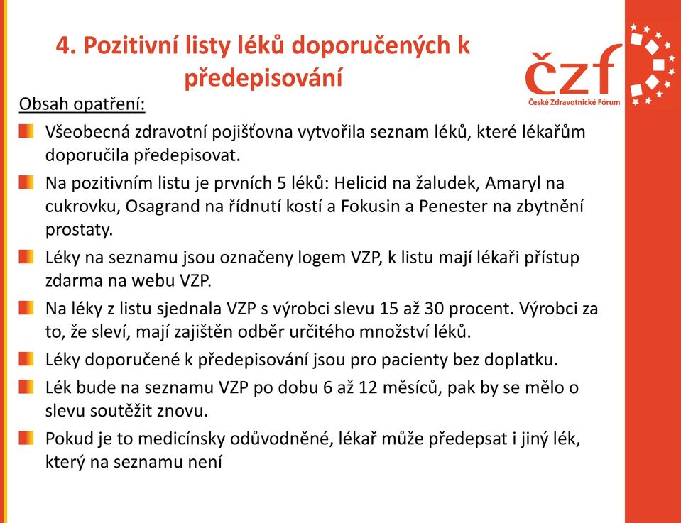 Léky na seznamu jsou označeny logem VZP, k listu mají lékaři přístup zdarma na webu VZP. Na léky z listu sjednala VZP s výrobci slevu 15 až 30 procent.