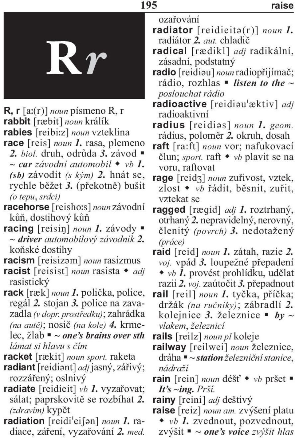 radius noun 1. geom. rabies noun vzteklina rádius, poloměr 2. okruh, dosah race noun 1. rasa, plemeno raft noun vor; nafukovací 2. biol. druh, odrůda 3. závod člun; sport.