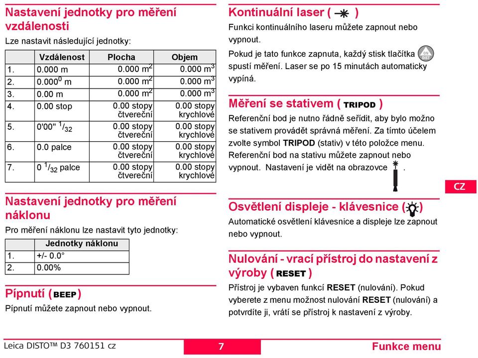 00 stopy čtvereční Nastavení jednotky pro měření náklonu Pro měření náklonu lze nastavit tyto jednotky: Jednotky náklonu 1. +/- 0.