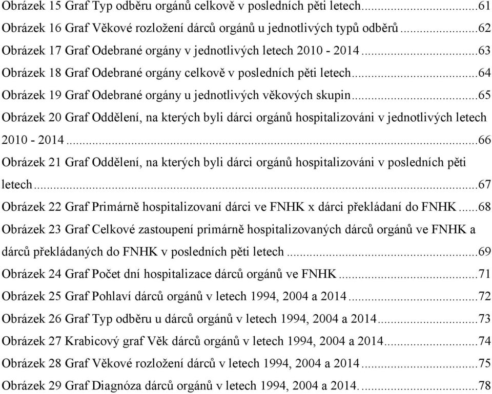 .. 64 Obrázek 19 Graf Odebrané orgány u jednotlivých věkových skupin... 65 Obrázek 20 Graf Oddělení, na kterých byli dárci orgánů hospitalizováni v jednotlivých letech 2010-2014.