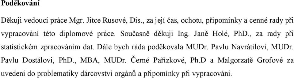 Janě Holé, PhD., za rady při statistickém zpracováním dat. Dále bych ráda poděkovala MUDr.