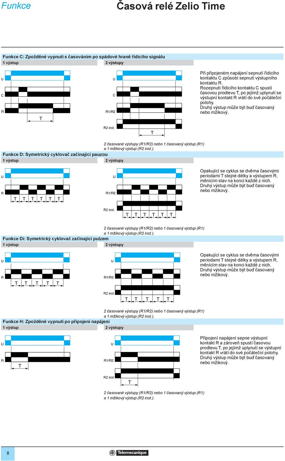 2 časované výstupy (1/2) nebo 1 časovaný výstup (1) a 1 mžikový výstup (2 inst.). Funkce D: Symetrický cyklovač začínající pauzou 1/2 Opakující se cyklus se dvěma časovými periodami stejné délky a výstupem, měnícím stav na konci každé z nich.