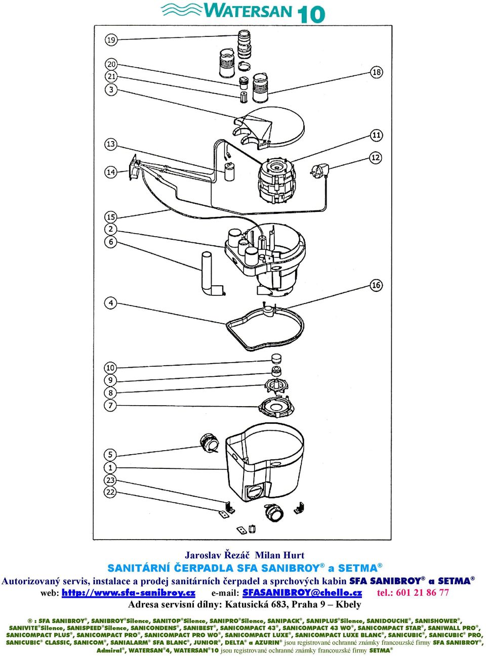 : 601 21 86 77 Adresa servisní dílny: Katusická 683, Praha 9 Kbely : SFA SANIBROY, SANIBROY Silence, SANITOP Silence, SANIPRO Silence, SANIPACK, SANIPLUS Silence, SANIDOUCHE, SANISHOWER, SANIVITE