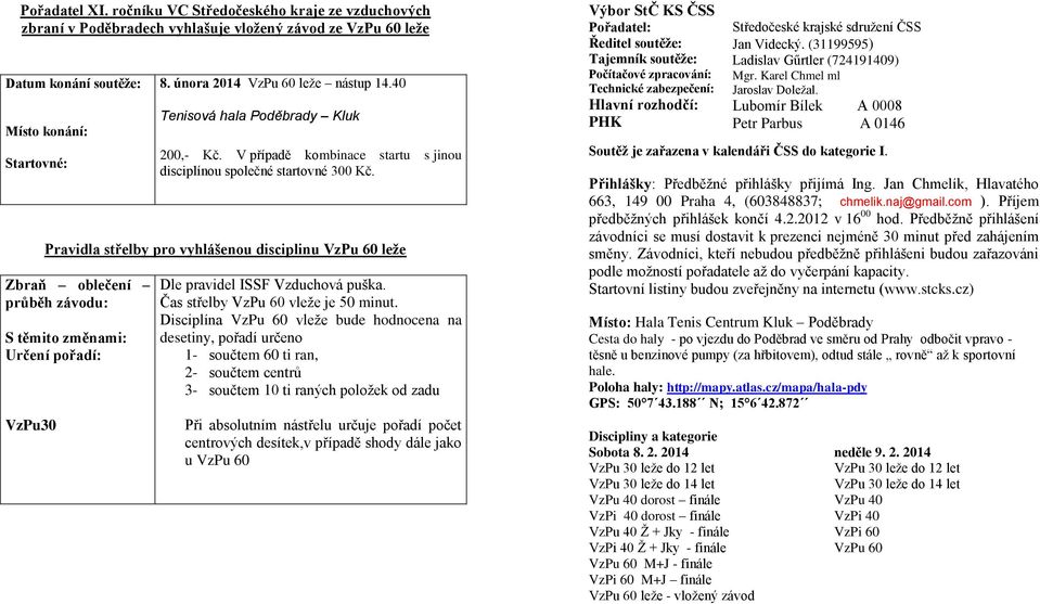 Pravidla střelby pro vyhlášenou disciplinu VzPu 60 leže Zbraň oblečení průběh závodu: S těmito změnami: Určení pořadí: VzPu30 Dle pravidel ISSF Vzduchová puška. Čas střelby VzPu 60 vleže je 50 minut.