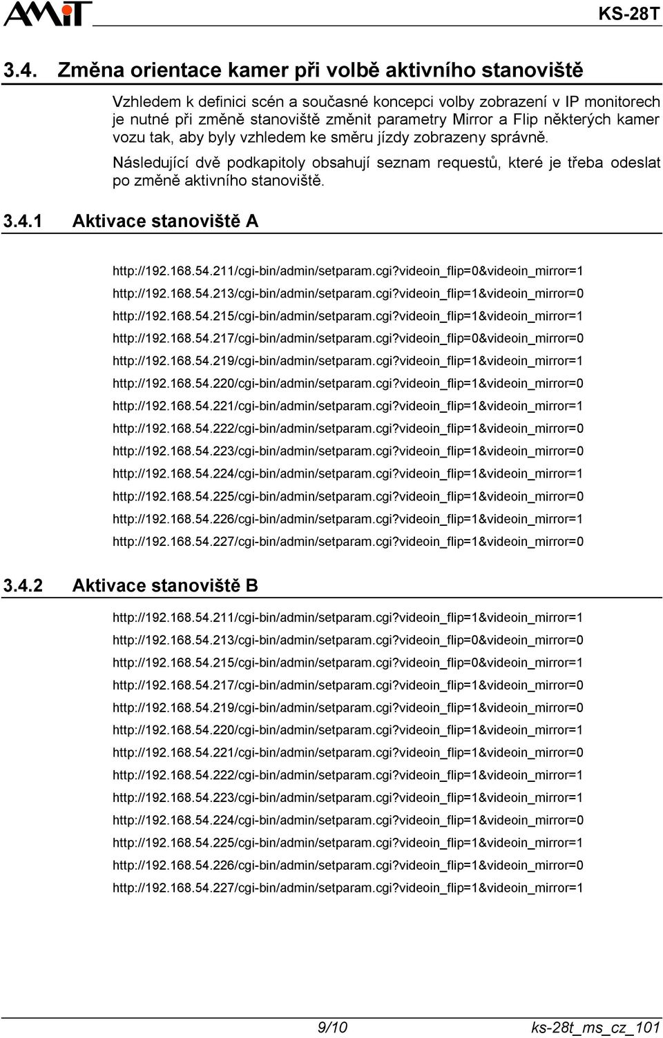 1 Aktivace stanoviště A http://192.168.54.211/cgi-bin/admin/setparam.cgi?videoin_flip=0&videoin_mirror=1 http://192.168.54.213/cgi-bin/admin/setparam.cgi?videoin_flip=1&videoin_mirror=0 http://192.