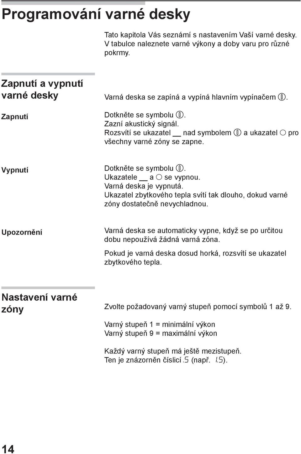 Rozsvítí se ukazatel nad symbolem a ukazatel pro všechny varné zóny se zapne. Vypnutí Dotkněte se symbolu. Ukazatele a se vypnou. Varná deska je vypnutá.