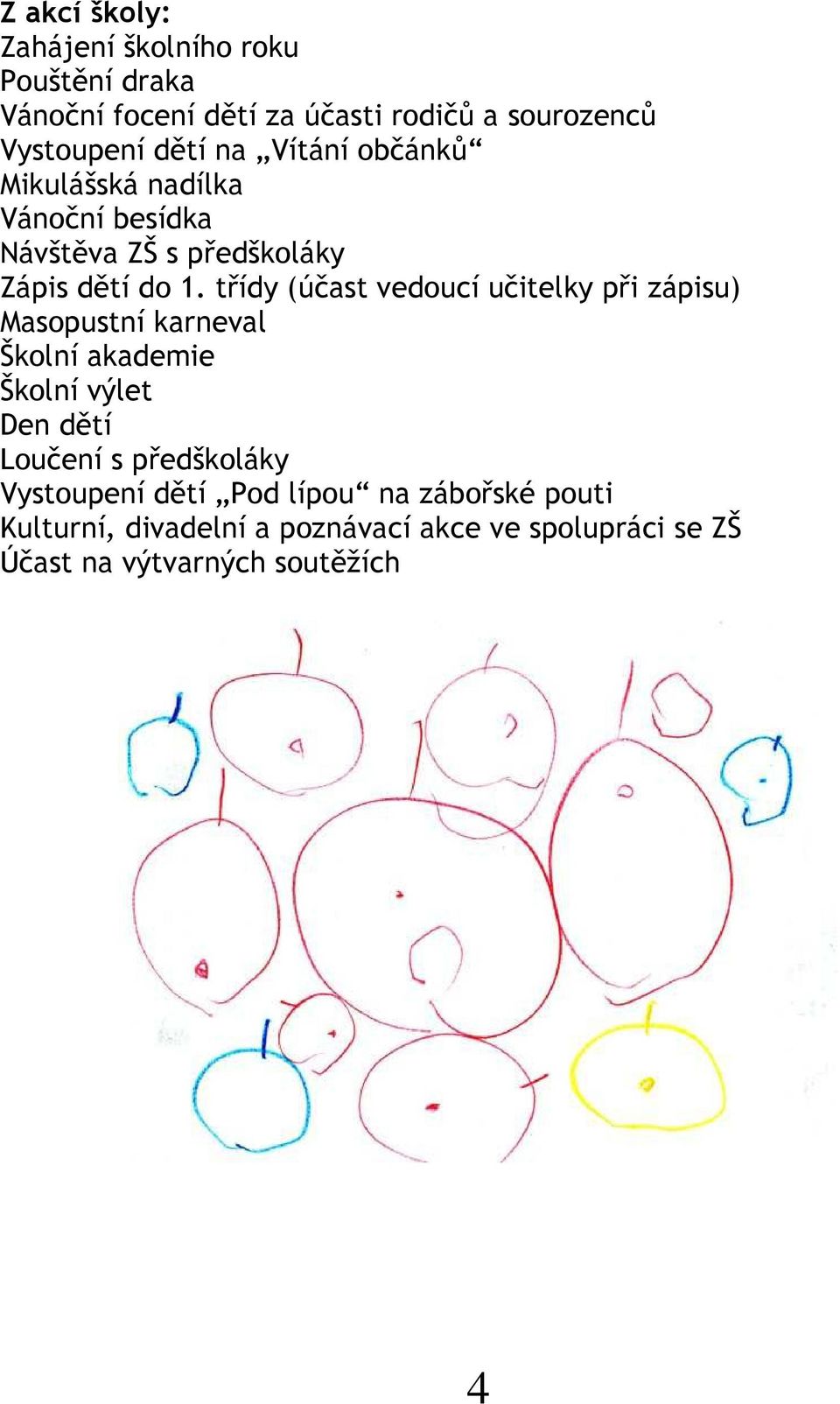 třídy (účast vedoucí učitelky při zápisu) Masopustní karneval Školní akademie Školní výlet Den dětí Loučení s