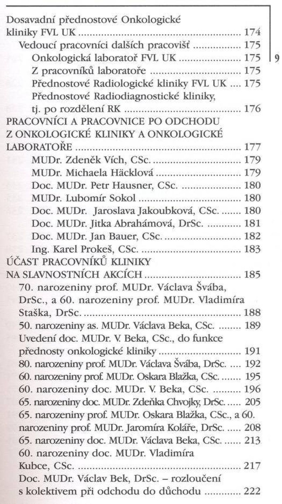 .. 177 MUDr. Zdeněk Vích, CSc... 179 MUDr. Michaela Hácklová... 179 Doc. MUDr. Petr Hausner, CSc...180 MUDr. Lubomír S o k o l...180 Doc. MUDr. Jaroslava Jakoubková, CSc... 180 Doc. MUDr. Jitka Abrahámová, DrSc.