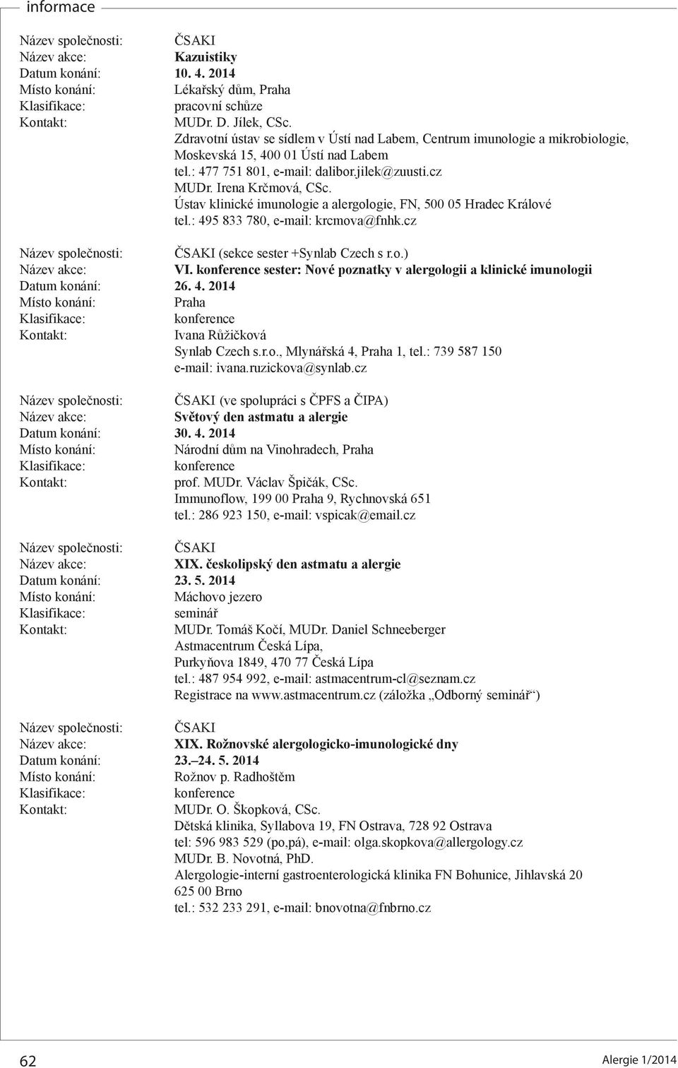 Ústav klinické imunologie a alergologie, FN, 500 05 Hradec Králové tel.: 495 8 780, e-mail: krcmova@fnhk.cz (sekce sester +Synlab Czech s r.o.) VI.