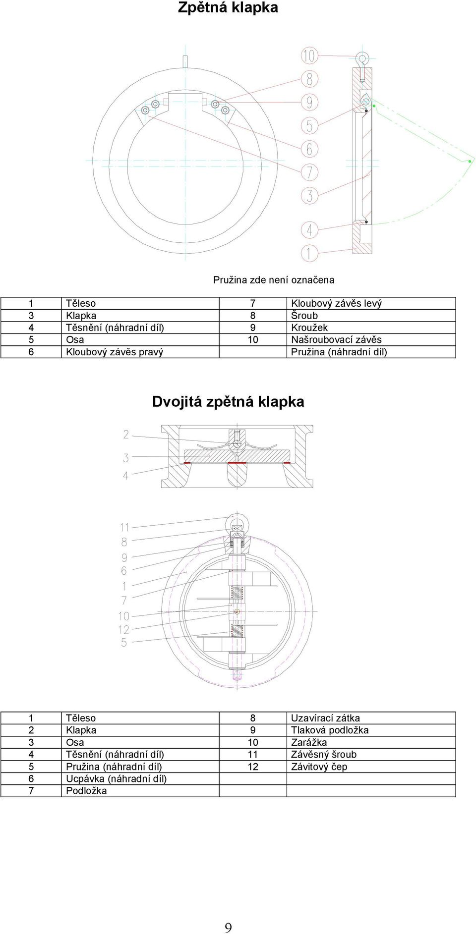 Dvojitá zpětná klapka 1 Těleso 8 Uzavírací zátka 2 Klapka 9 Tlaková podložka 3 Osa 10 Zarážka 4