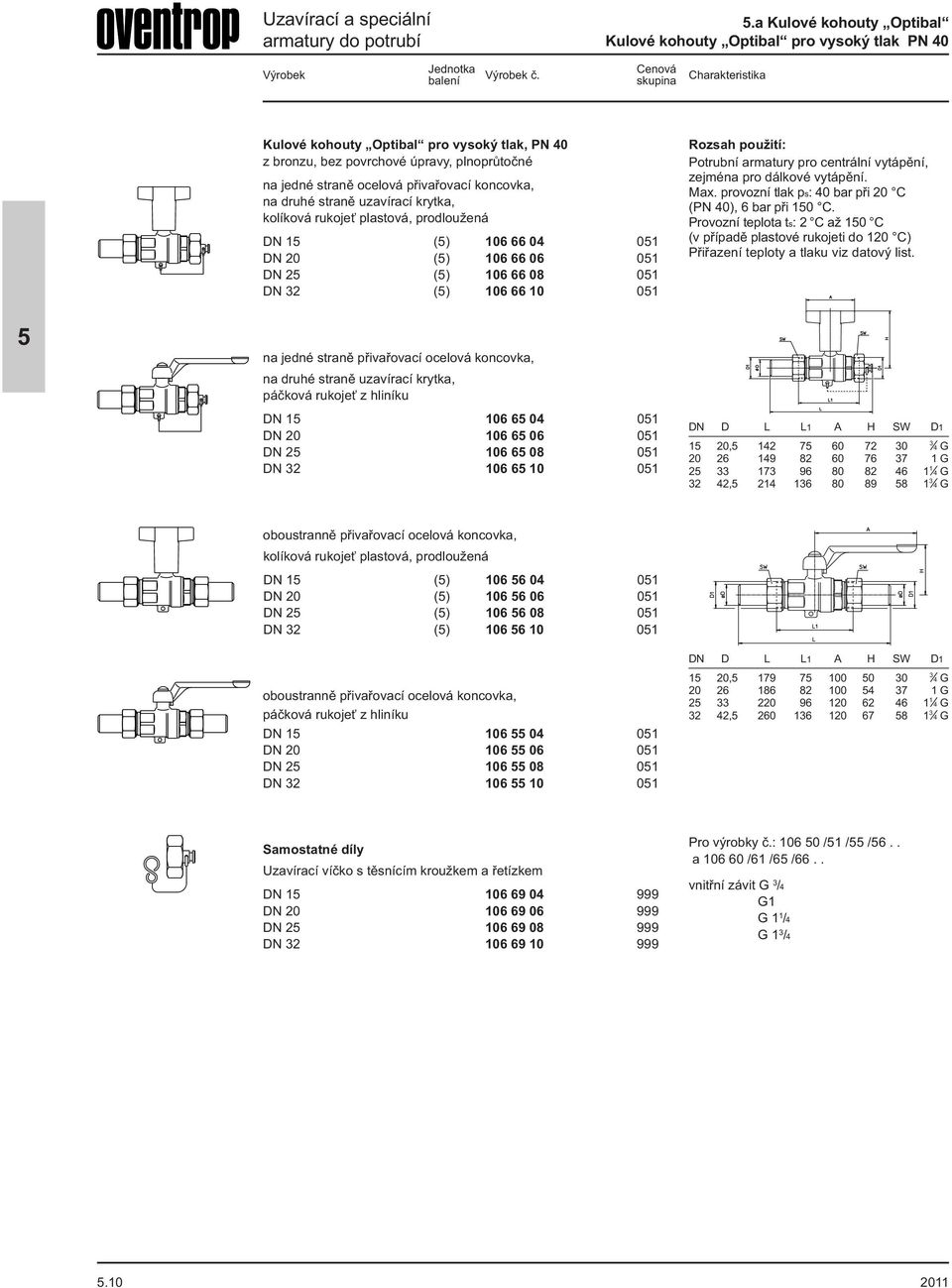 prodloužená DN 1 () 106 66 04 01 DN 20 () 106 66 06 01 DN 2 () 106 66 08 01 DN 32 () 106 66 10 01 na jedné straně přivařovací ocelová koncovka, na druhé straně uzavírací krytka, páčková rukojeť z