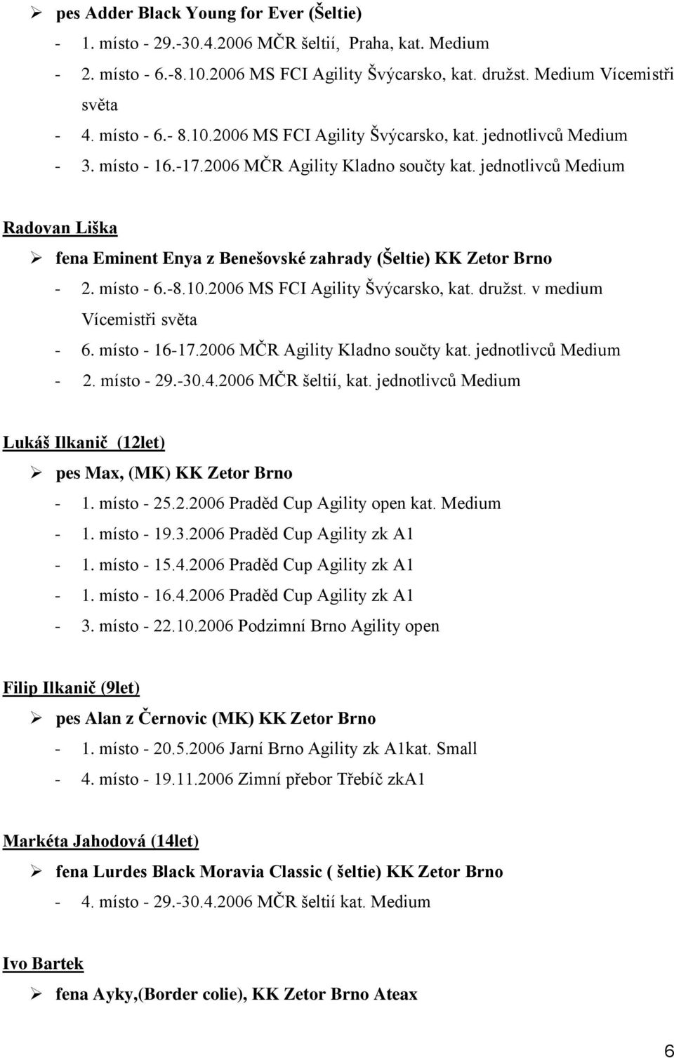jednotlivců Medium Radovan Liška fena Eminent Enya z Benešovské zahrady (Šeltie) KK Zetor Brno - 2. místo - 6.-8.10.2006 MS FCI Agility Švýcarsko, kat. družst. v medium Vícemistři světa - 6.