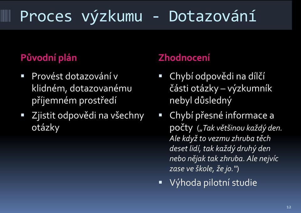 důsledný Chybí přesné informace a počty ( Tak většinou každý den.