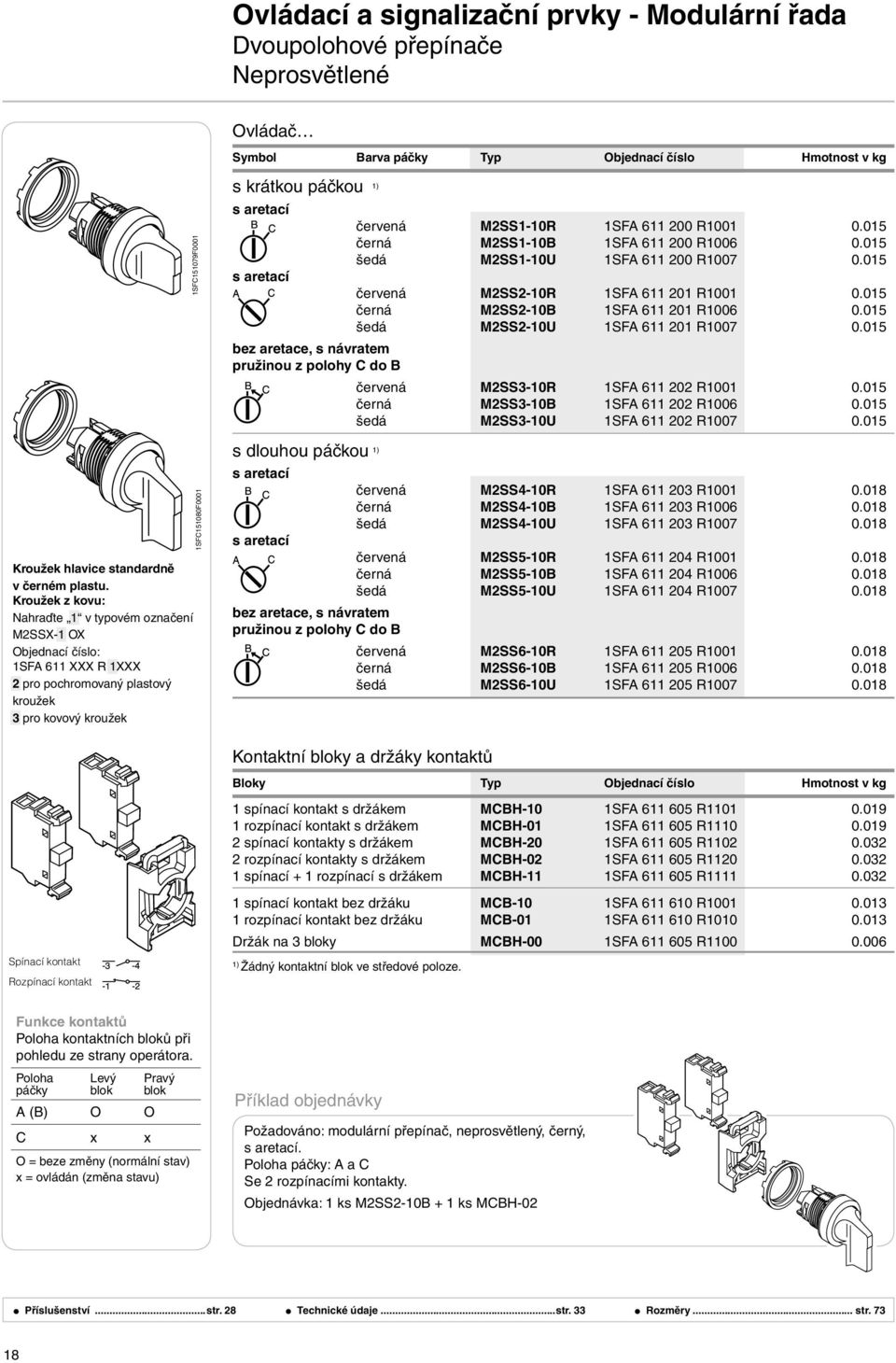 1) s aretací s aretací bez aretace, s návratem pružinou z polohy C do B s dlouhou páčkou 1) s aretací s aretací bez aretace, s návratem pružinou z polohy C do B červená M2SS1-10R 1SFA 611 200 R1001 0.
