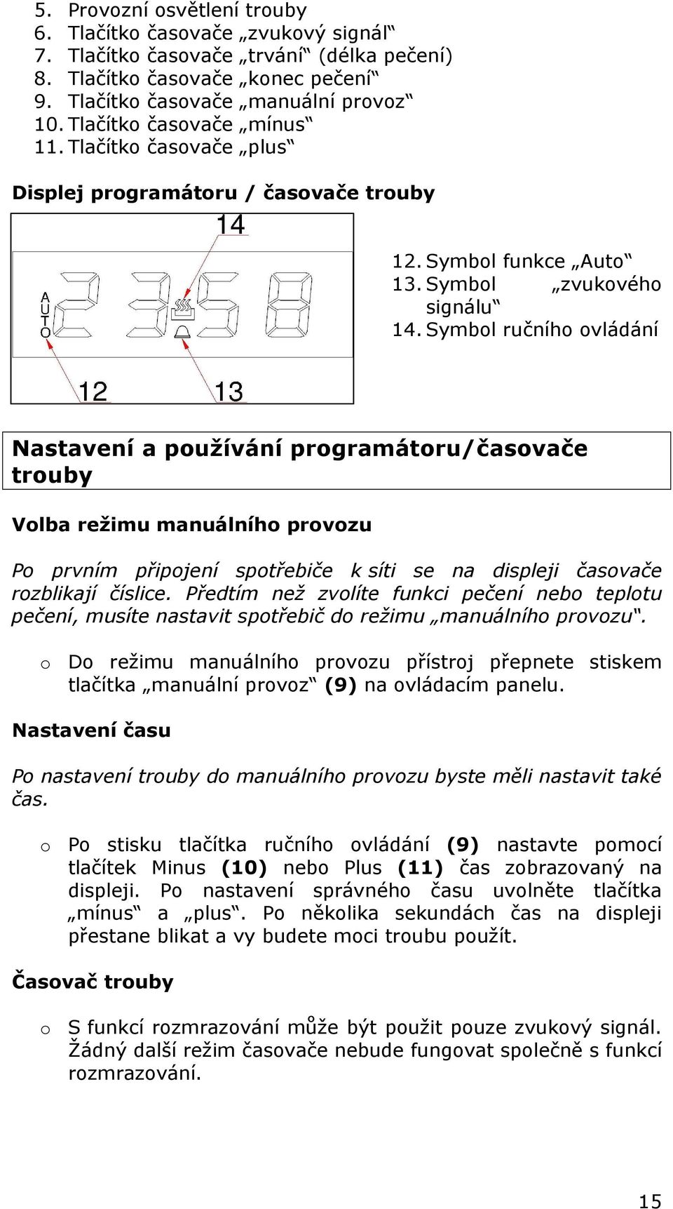 Symbol ručního ovládání Nastavení a používání programátoru/časovače trouby Volba režimu manuálního provozu Po prvním připojení spotřebiče k síti se na displeji časovače rozblikají číslice.