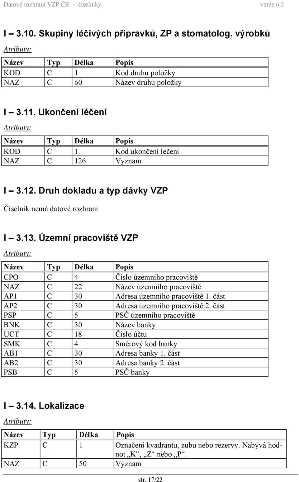 Územní pracoviště VZP CPO C 4 Číslo územního pracoviště NAZ C 22 Název územního pracoviště AP1 C 30 Adresa územního pracoviště 1. část AP2 C 30 Adresa územního pracoviště 2.