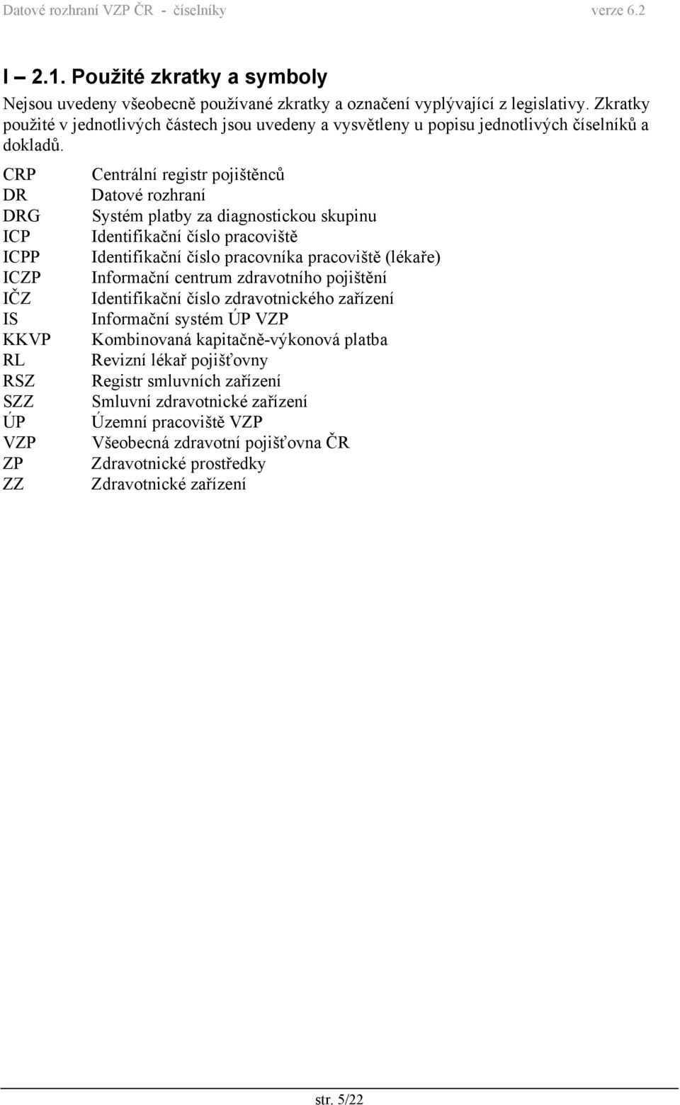 CRP DR DRG ICP ICPP ICZP IČZ IS KKVP RL RSZ SZZ ÚP VZP ZP ZZ Centrální registr pojištěnců Datové rozhraní Systém platby za diagnostickou skupinu Identifikační číslo pracoviště Identifikační číslo