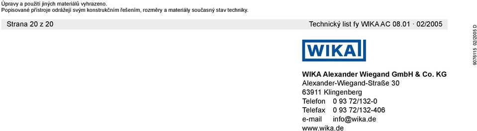 techniky. Strana 20 z 20 Technický list fy WIKA AC 08.