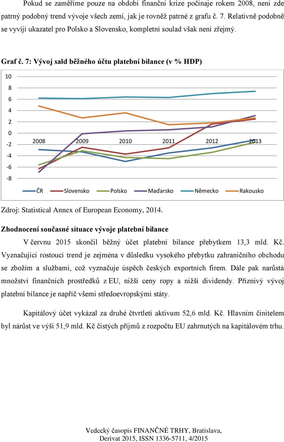 7: Vývoj sald běžného účtu platební bilance (v % HDP) 10 8 6 4 2 0-2 -4-6 -8 2008 2009 2010 2011 2012 2013 ČR Slovensko Polsko Maďarsko Německo Rakousko Zdroj: Statistical Annex of European Economy,