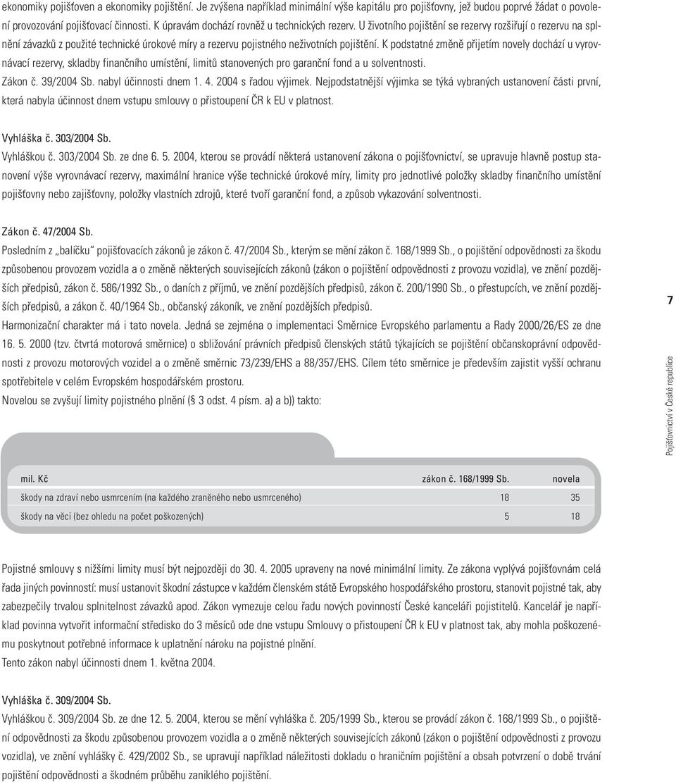 Kpodstatné změně přijetím novely dochází u vyrovnávací rezervy, skladby finančního umístění, limitů stanovených pro garanční fond a u solventnosti. Zákon č. 39/2004 Sb. nabyl účinnosti dnem 1. 4.