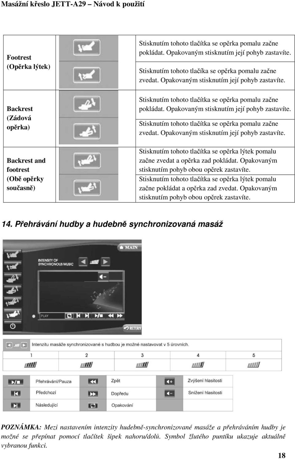 Opakovaným stisknutím její pohyb zastavíte. Stisknutím tohoto tlačítka se opěrka pomalu začne zvedat. Opakovaným stisknutím její pohyb zastavíte.