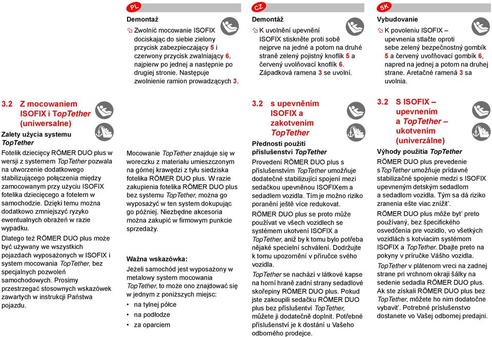 Západková ramena 3 se uvolní. Vybudovanie K povoleniu ISOFIX upevnenia stlačte oproti sebe zelený bezpečnostný gombík 5 a červený uvoľňovací gombík 6, napred na jednej a potom na druhej strane.