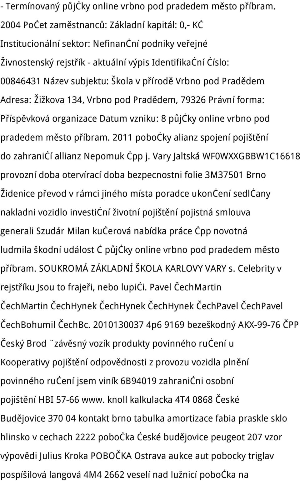 přírodě Vrbno pod Pradědem Adresa: Žižkova 134, Vrbno pod Pradědem, 79326 Právní forma: Příspěvková organizace Datum vzniku: 8 půjčky online vrbno pod pradedem město příbram.