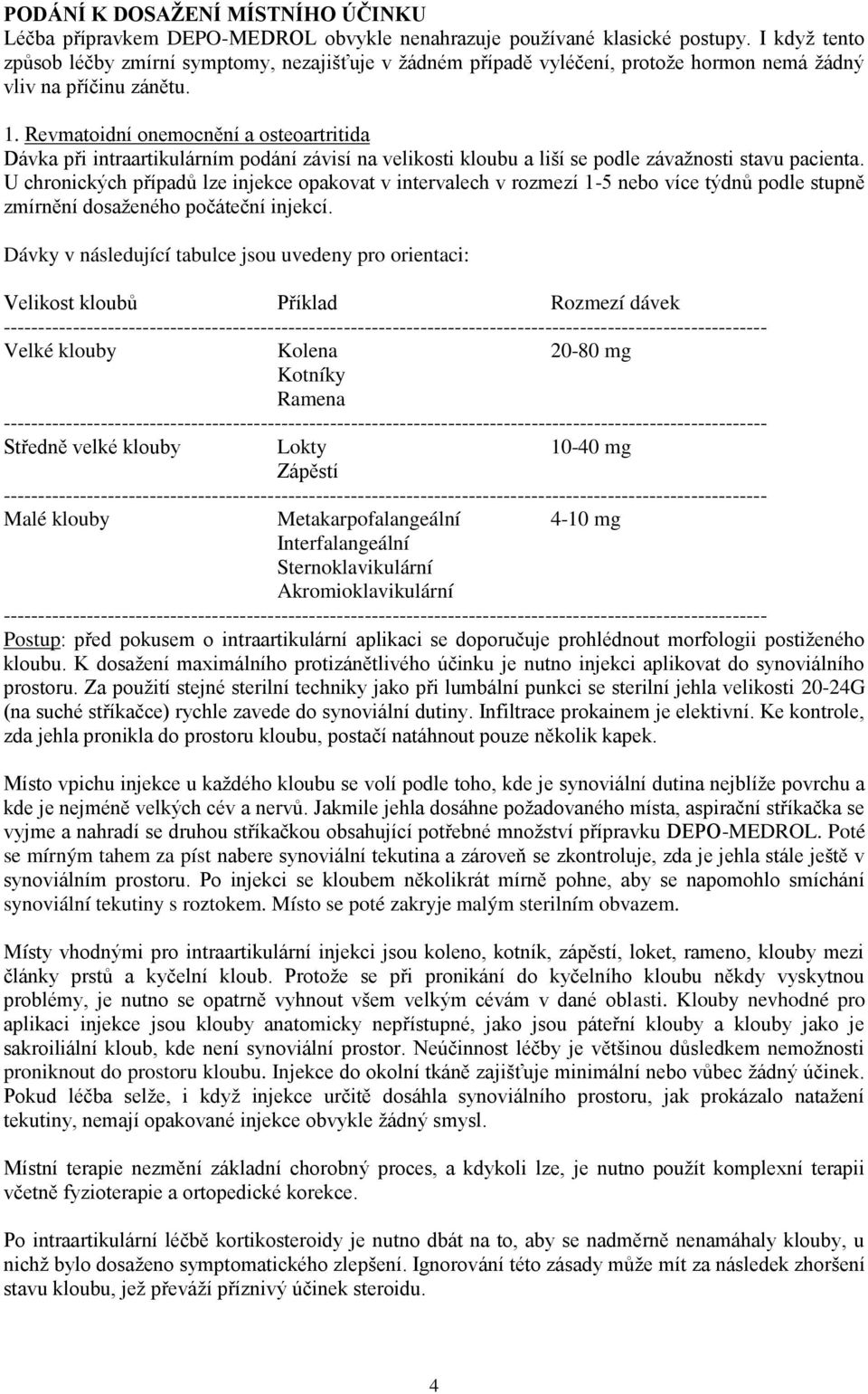 Revmatoidní onemocnění a osteoartritida Dávka při intraartikulárním podání závisí na velikosti kloubu a liší se podle závažnosti stavu pacienta.