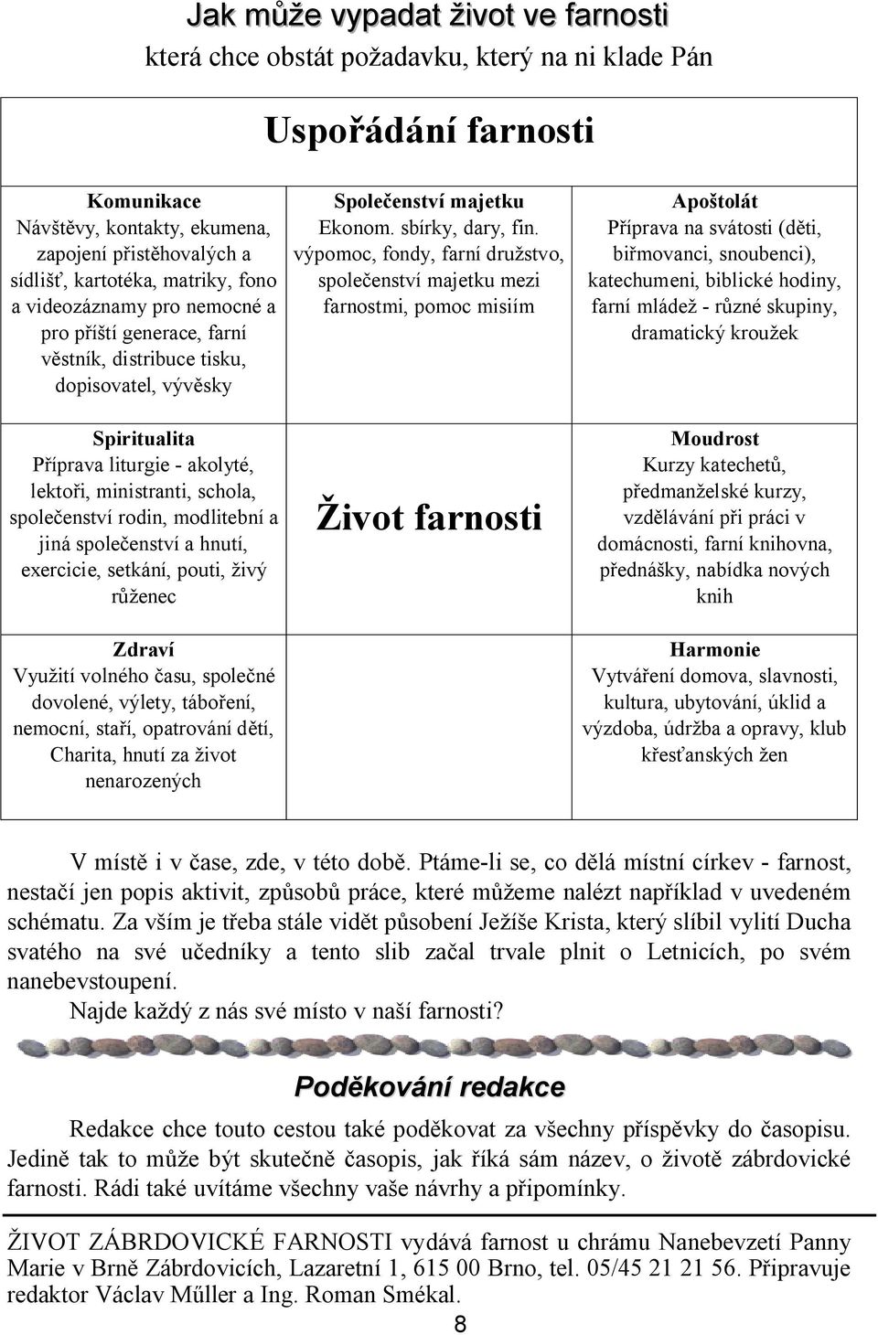 rodin, modlitební a jiná spole enství a hnutí, exercicie, setkání, pouti, ivý enec Zdraví Vyu ití volného asu, spole né dovolené, výlety, tábo ení, nemocní, sta í, opatrování d tí, Charita, hnutí za