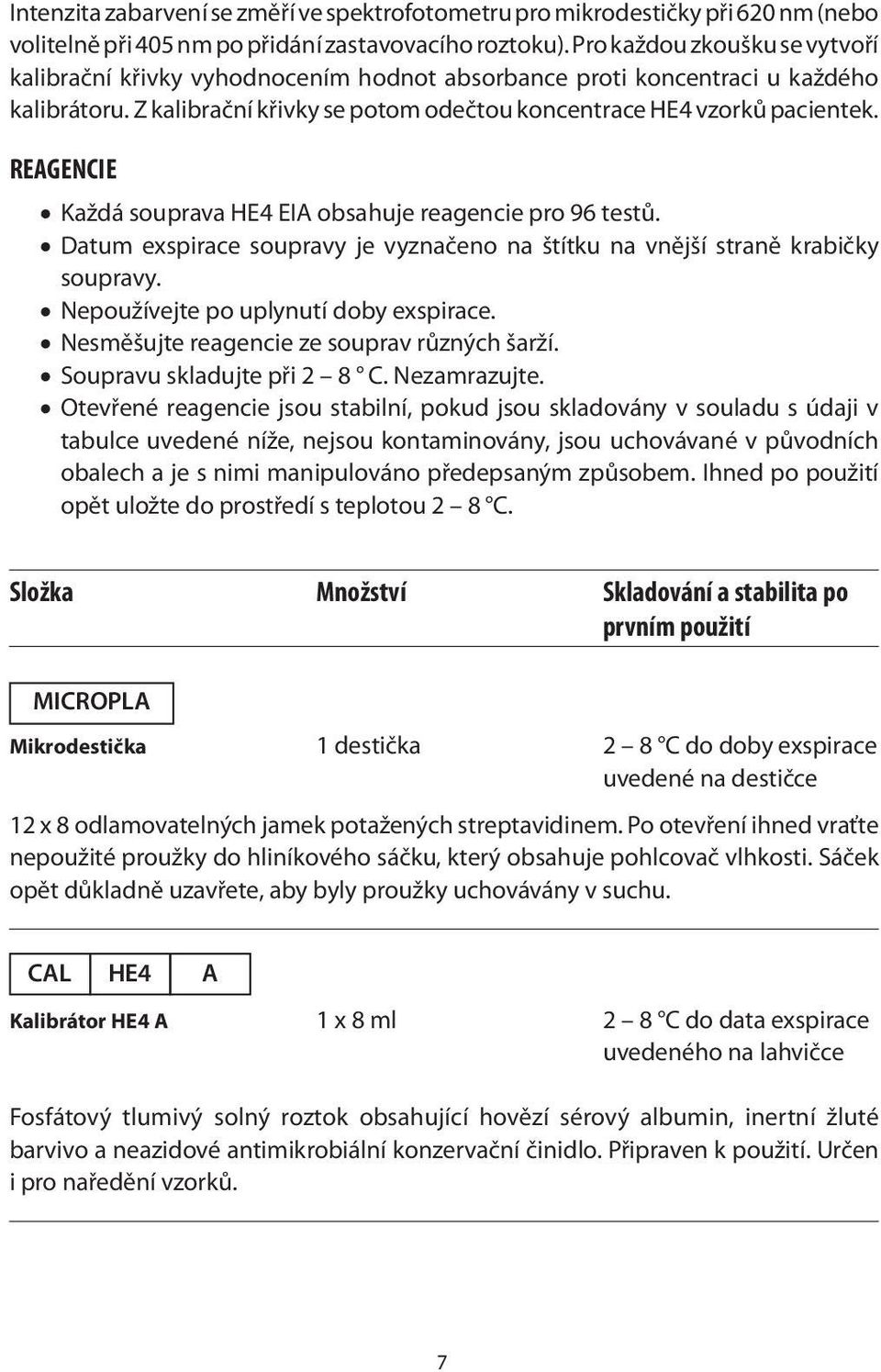 REAGENCIE Každá souprava HE4 EIA obsahuje reagencie pro 96 testů. Datum exspirace soupravy je vyznačeno na štítku na vnější straně krabičky soupravy. Nepoužívejte po uplynutí doby exspirace.