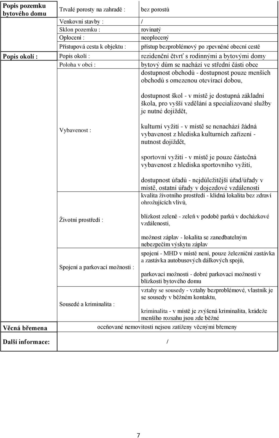 s omezenou otevírací dobou, dostupnost škol - v místě je dostupná základní škola, pro vyšší vzdělání a specializované služby je nutné dojíždět, Vybavenost : kulturní vyžití - v místě se nenachází