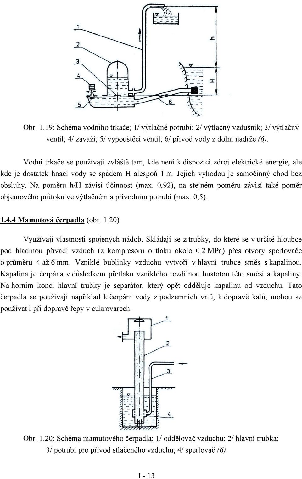 Na poměru h/h záisí účinnost (max. 0,92), na stejném poměru záisí také poměr objemoého průtoku e ýtlačném a příodním potrubí (max. 0,5). 1.4.4 Mamutoá čerpadla (obr. 1.20) yužíají lastnosti spojených nádob.