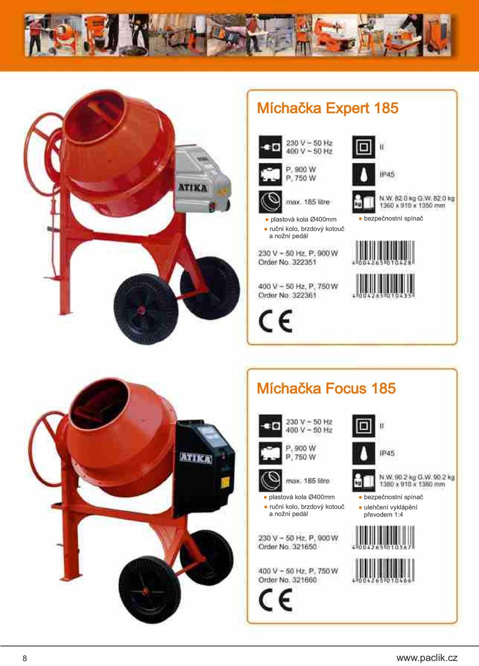 plastová kola Ø400mm ruční kolo, brzdový kotouč a nožní pedál