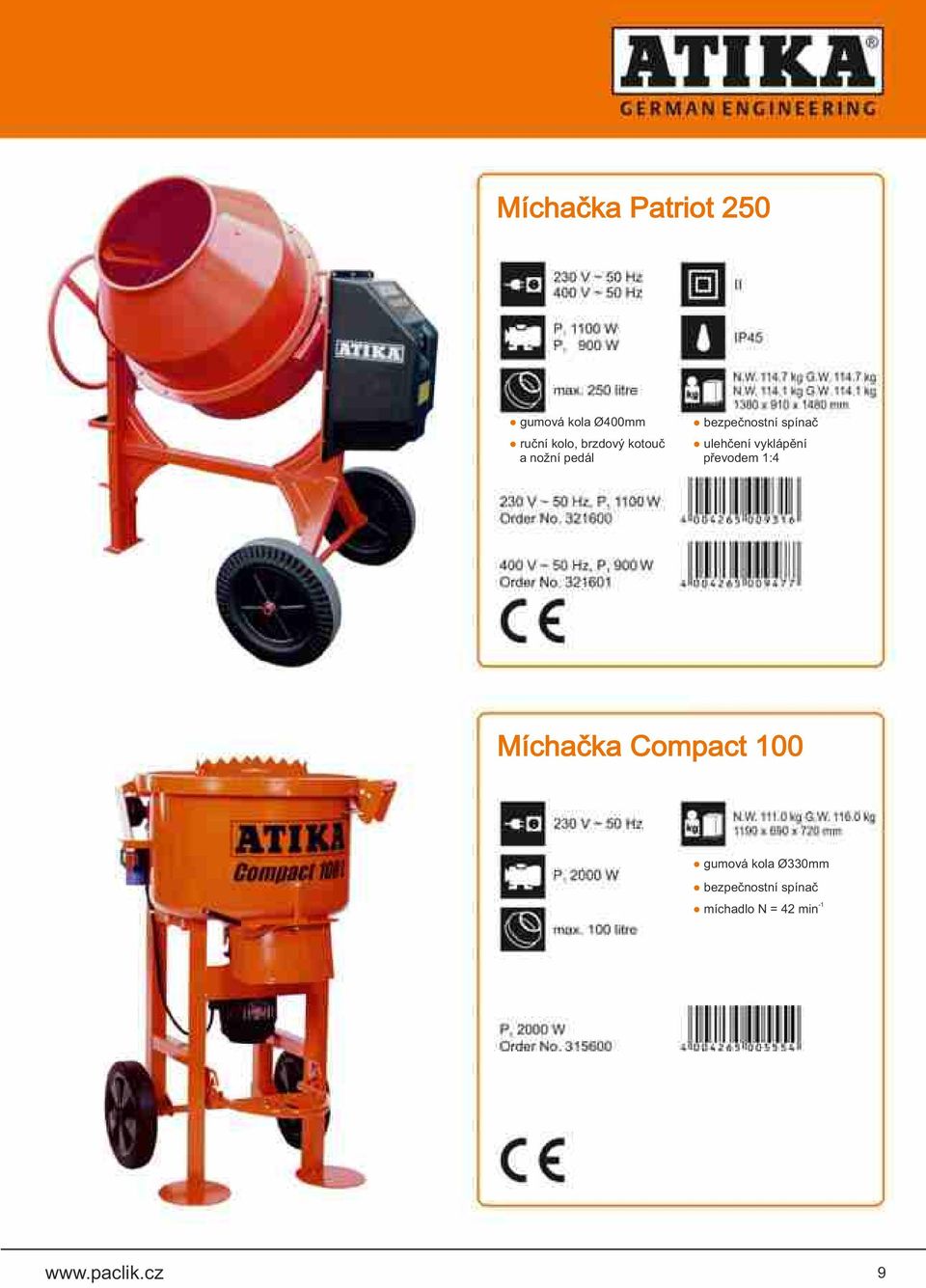 Ø330mm bezpečnostní spínač -1 míchadlo N = 42 min gumová kola Ø400mm ruční kolo, brzdový