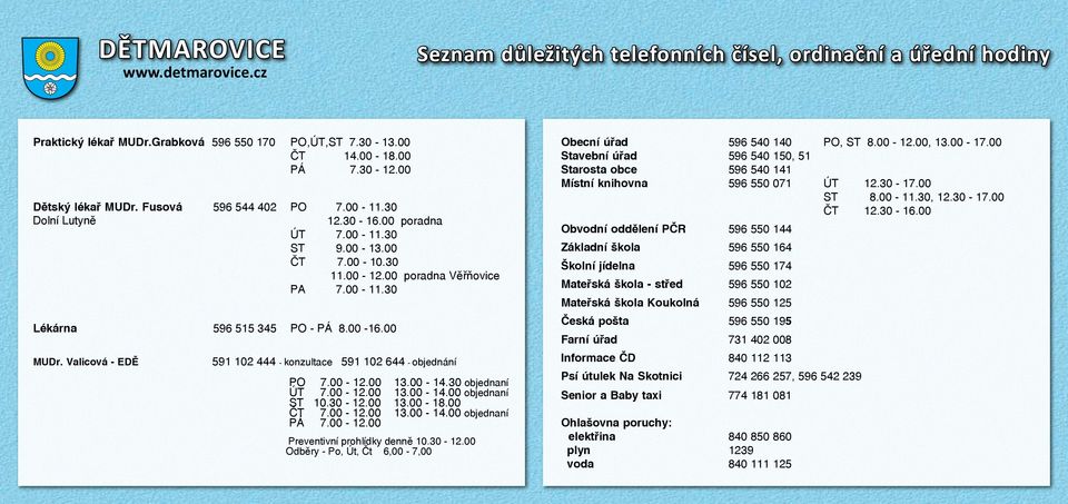 0-1.00 1.00-1.00 ČT.00-1.00 1.00-1.00 objednaní PÁ.00-1.00 Preventivní prohlídky denně.0-1.00 Odběry -,,,00 -,00 Obecní úřad 0 PO, ST.00-1.00, 1.00-1.00 avební úřad 0, 1 arosta obce 0 Místní knihovna 0 01 ÚT 1.