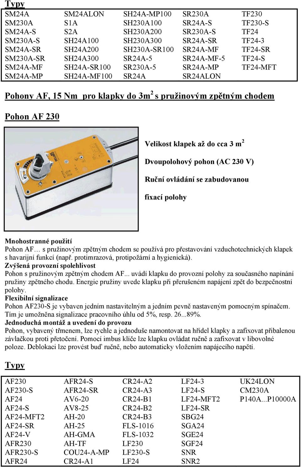 zpětným chodem Pohon AF 230 Velikost klapek až do cca 3 m 2 Dvoupolohový pohon (AC 230 V) Ruční ovládání se zabudovanou fixací polohy Mnohostranné použití Pohon AF s pružinovým zpětným chodem se